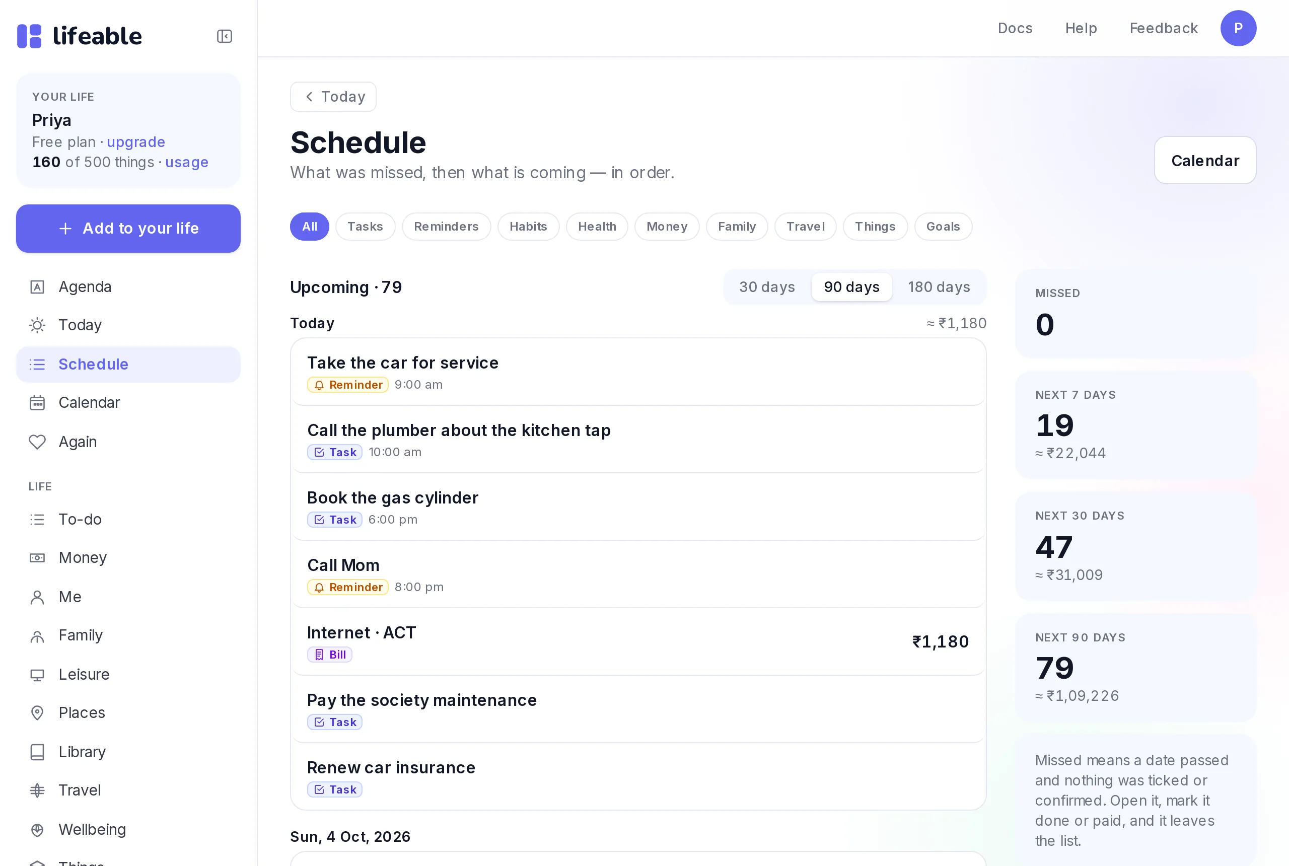 Lifeable's Schedule page: what was missed, then what is coming, in order