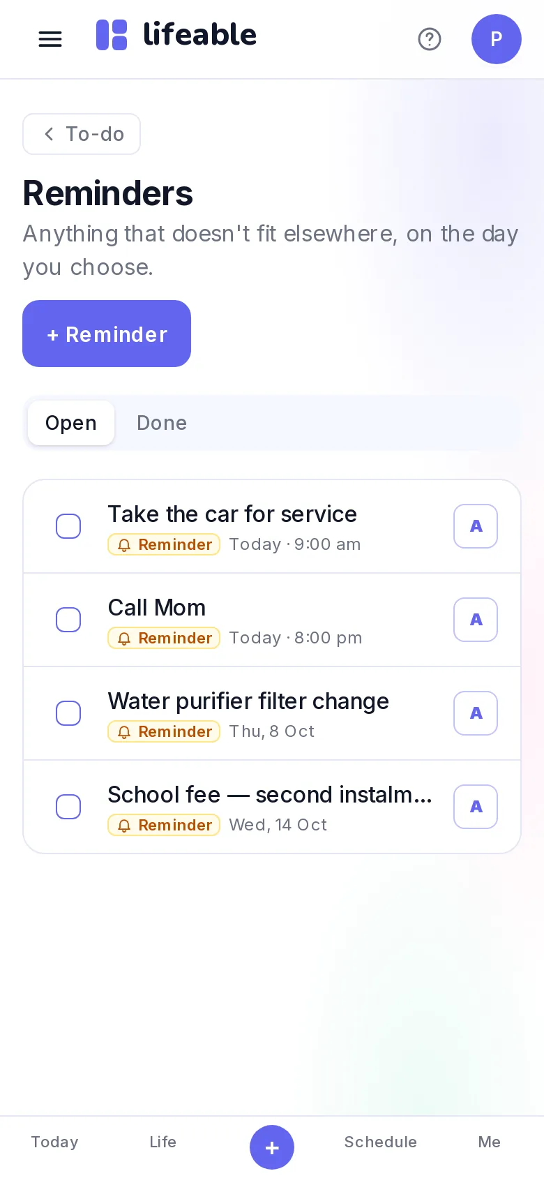 Lifeable's Reminders on a phone, each on the day you choose