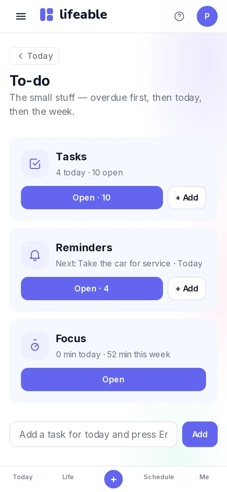 Lifeable's To-do area on a phone: tasks, reminders and focus, overdue first